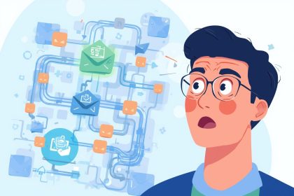 Focused marketer pointing at an interactive email workflow diagram symbolizing the Lifecycle Email Marketing Automation Blueprint.