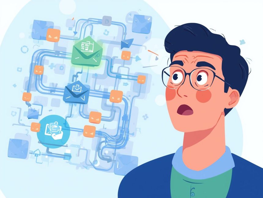 Focused marketer pointing at an interactive email workflow diagram symbolizing the Lifecycle Email Marketing Automation Blueprint.