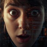 A person pointing at glowing digital brand icons with a focused expression, showing urgency and relevance for AI-first audiences.