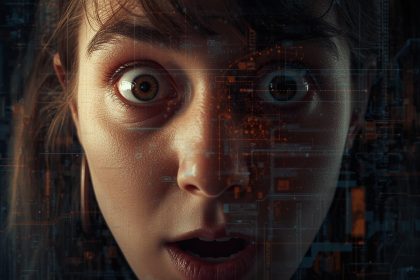 A person pointing at glowing digital brand icons with a focused expression, showing urgency and relevance for AI-first audiences.