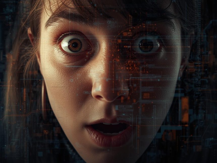 A person pointing at glowing digital brand icons with a focused expression, showing urgency and relevance for AI-first audiences.