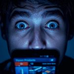 Surprised shopper looking at a phone with AI product recommendations, showing the success of automated e-commerce personalization.