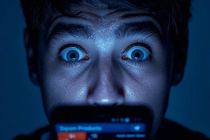 Surprised shopper looking at a phone with AI product recommendations, showing the success of automated e-commerce personalization.