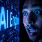 Emotional close-up of a marketer reacting to an AI-powered dashboard generating multi-platform content, highlighting the multi-platform content engine concept.