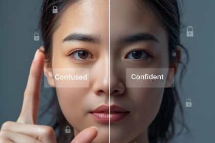 Business user comparing a dark, confusing interface to a bright, clear UX layout, highlighting how UX design shapes brand trust and perception.