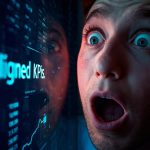 A marketer looking surprised at a glowing dashboard screen, showing rising KPIs, symbolizing alignment and clarity in marketing dashboards.