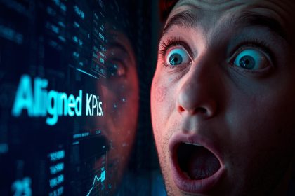 A marketer looking surprised at a glowing dashboard screen, showing rising KPIs, symbolizing alignment and clarity in marketing dashboards.