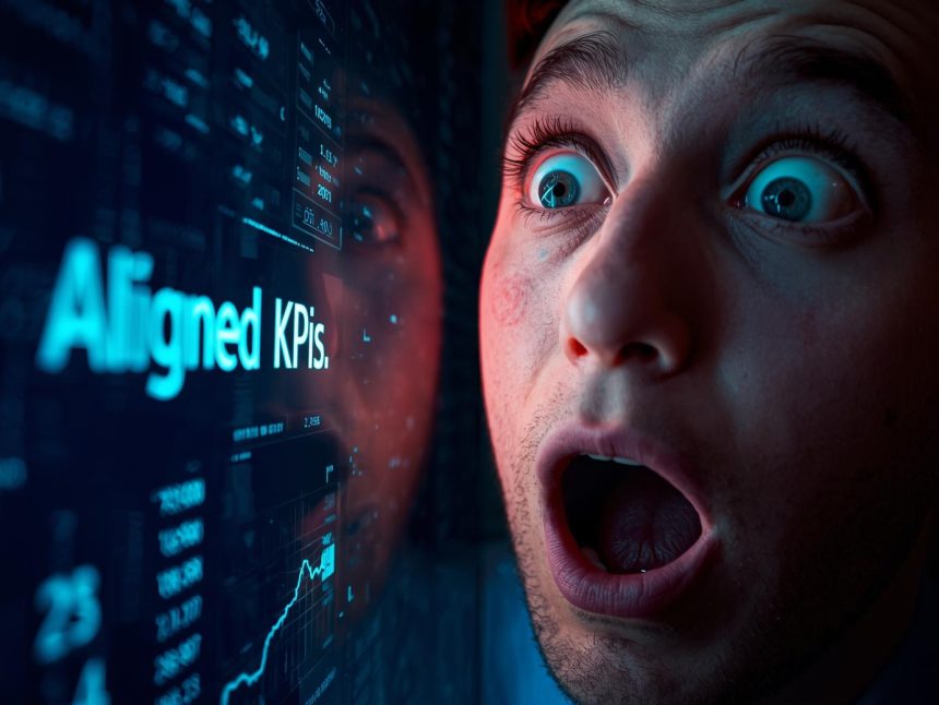 A marketer looking surprised at a glowing dashboard screen, showing rising KPIs, symbolizing alignment and clarity in marketing dashboards.
