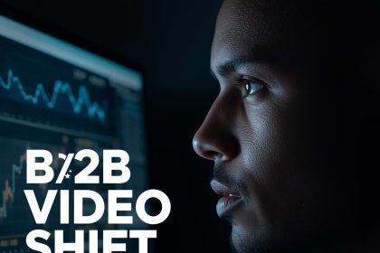 A focused professional reviewing rising LinkedIn video analytics on a bright screen, expressing determination and curiosity about B2B video trends.