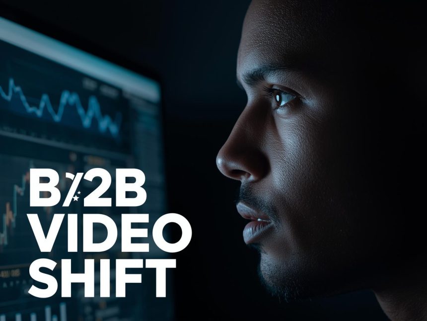 A focused professional reviewing rising LinkedIn video analytics on a bright screen, expressing determination and curiosity about B2B video trends.