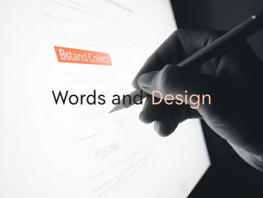 A focused designer reviewing UI text with strong contrast lighting, showing emotion and clarity while representing UX Writing Meets Visual Design.