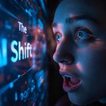 A marketer looks surprised as a glowing multi-modal AI interface displays text, images, and audio icons merging; represents the power of multi-modal AI marketing.