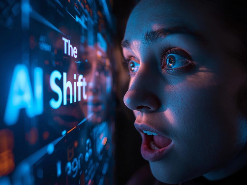 A marketer looks surprised as a glowing multi-modal AI interface displays text, images, and audio icons merging; represents the power of multi-modal AI marketing.