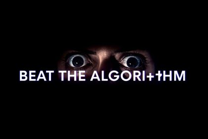A surprised marketer staring at a glowing screen, expressing urgency, with the words “Beat the Algorithm” related to algorithm-proof posting strategies.