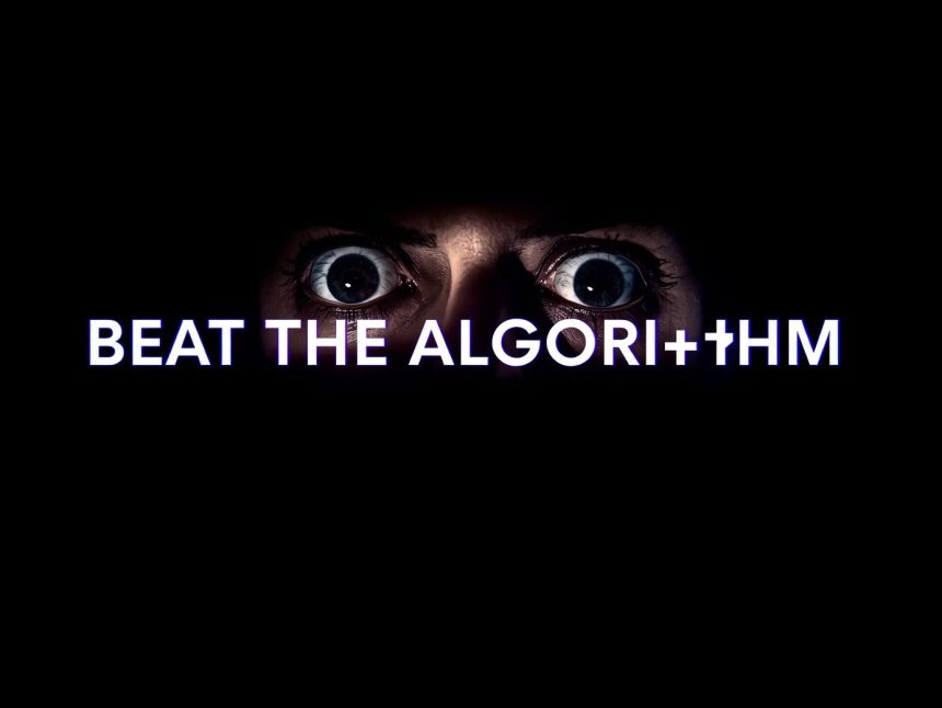 A surprised marketer staring at a glowing screen, expressing urgency, with the words “Beat the Algorithm” related to algorithm-proof posting strategies.