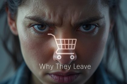 Person reacting with surprise to a digital cart icon flashing a warning, representing reducing cart abandonment with predictive nudges.