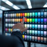 Designer selecting brand colour palette on screen, vivid hues, expressing discovery and strategy in colour psychology.