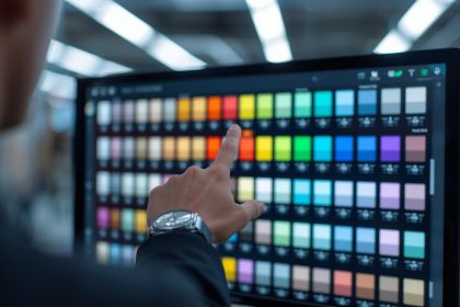 Designer selecting brand colour palette on screen, vivid hues, expressing discovery and strategy in colour psychology.