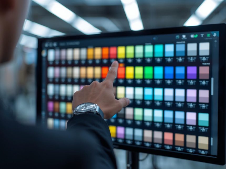 Designer selecting brand colour palette on screen, vivid hues, expressing discovery and strategy in colour psychology.