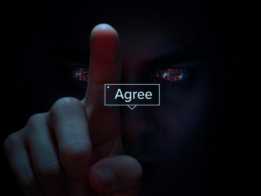 A focused marketer hesitates before clicking a glowing “Agree” button on a digital consent screen, symbolizing the ethics and emotions of data use in AI-driven marketing.