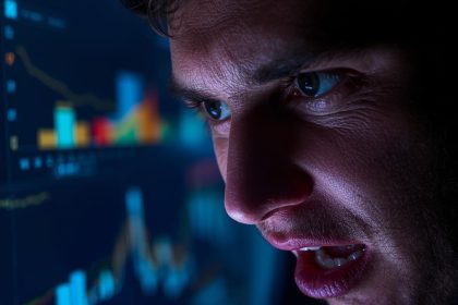 A marketer reacts with determination while analyzing an AI-powered product page dashboard, representing conversion optimization.