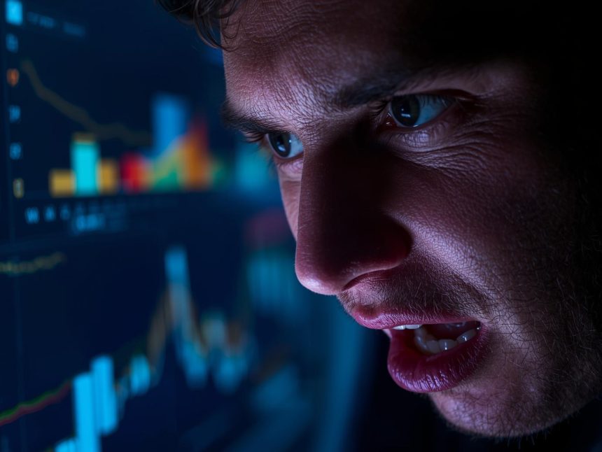 A marketer reacts with determination while analyzing an AI-powered product page dashboard, representing conversion optimization.