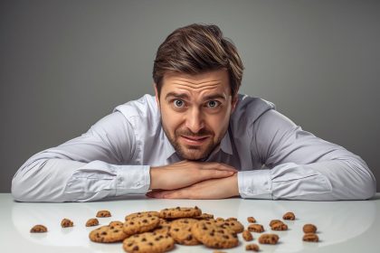 A surprised marketing professional pointing at a broken cookie icon and a rising data chart: tracking and attribution in the post-cookie world.