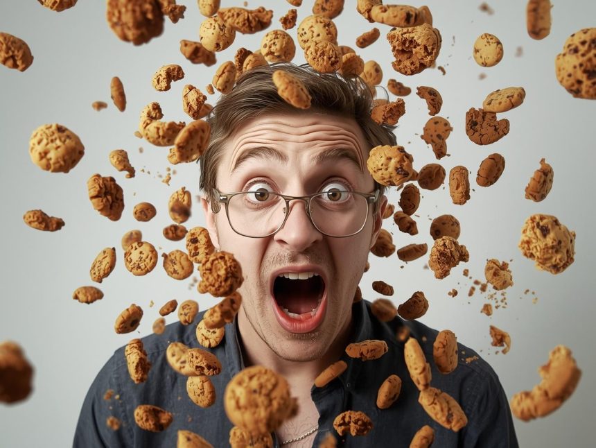 Marketing manager in modern office looks determined while a digital cookie icon dissolves behind him, representing The Death of Third-Party Cookies