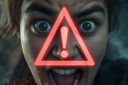 Confident digital marketer pointing at a glowing brand shield while monitoring AI-driven reputation dashboard