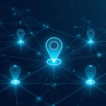 A digital marketer analyzes a glowing geo-map with regional data clusters, representing privacy-first geo-targeted campaigns.