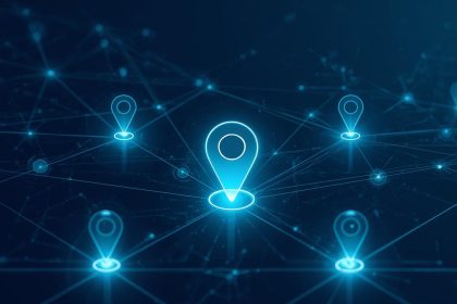 A digital marketer analyzes a glowing geo-map with regional data clusters, representing privacy-first geo-targeted campaigns.