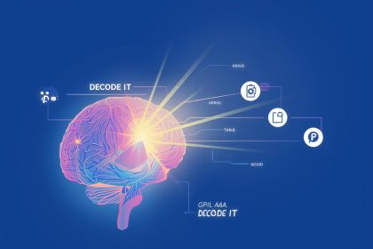 An excited marketing specialist points to a complex, colorful AI data chart, demonstrating a clear financial return on investment (ROI) via cross-channel attribution.