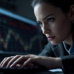 Focused marketer points to a steep profit line on a high-contrast dashboard, expressing urgency about