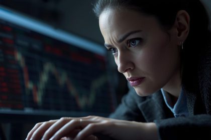 Focused marketer points to a steep profit line on a high-contrast dashboard, expressing urgency about