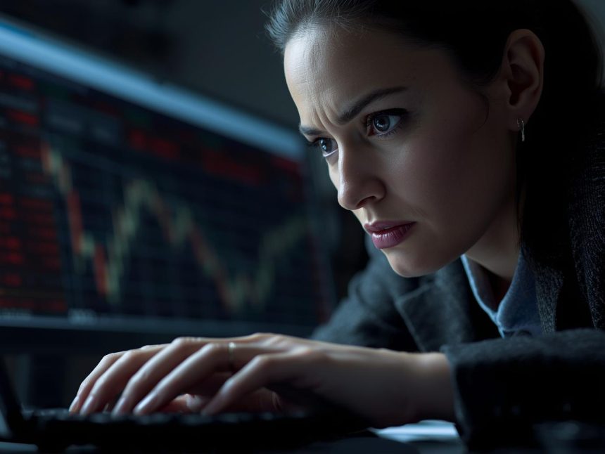 Focused marketer points to a steep profit line on a high-contrast dashboard, expressing urgency about