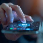 A shopper smiling as they complete a one-click checkout with a glowing padlock icon symbolizing secure frictionless UX.