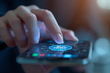 A shopper smiling as they complete a one-click checkout with a glowing padlock icon symbolizing secure frictionless UX.