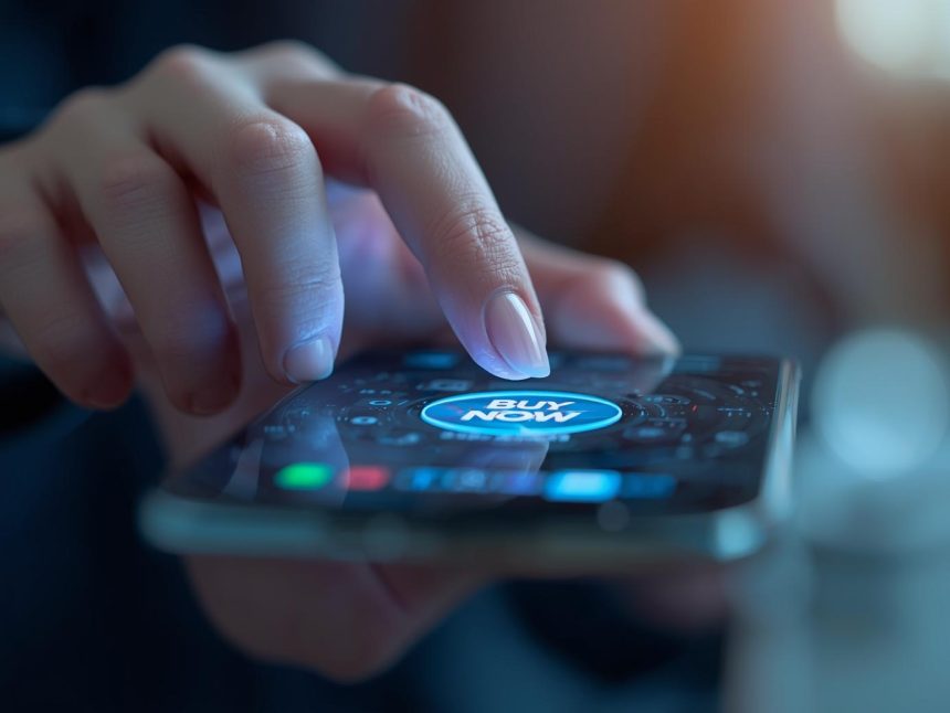 A shopper smiling as they complete a one-click checkout with a glowing padlock icon symbolizing secure frictionless UX.