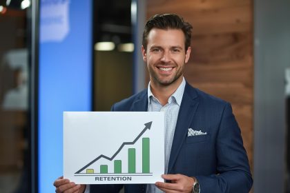 Confident analyst presenting a rising cohort retention heatmap on a big screen, showing strong week-4 returns with clear labels for Cohort Analysis for Retention.