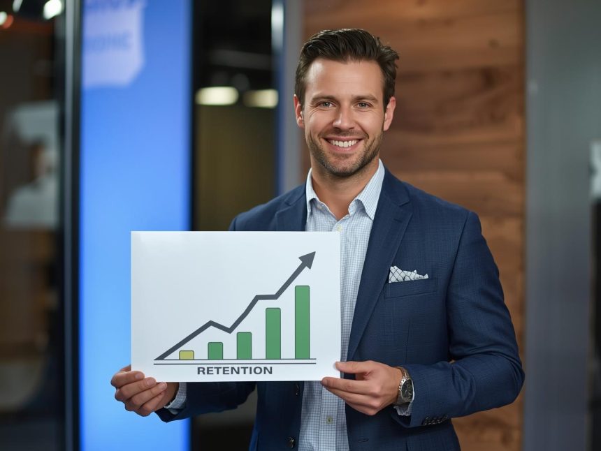 Confident analyst presenting a rising cohort retention heatmap on a big screen, showing strong week-4 returns with clear labels for Cohort Analysis for Retention.