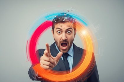 Person with an inspired expression pointing at a glowing circular flywheel diagram, symbolizing the Flywheel Approach to Customer Growth and AI-powered momentum.