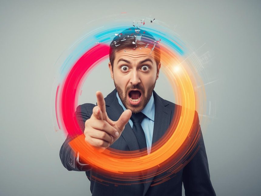 Person with an inspired expression pointing at a glowing circular flywheel diagram, symbolizing the Flywheel Approach to Customer Growth and AI-powered momentum.