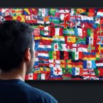 Surprised content creator pointing to multilingual subtitles overlay on world map, symbolizing AI subtitles and localization for global reach.