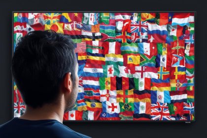 Surprised content creator pointing to multilingual subtitles overlay on world map, symbolizing AI subtitles and localization for global reach.