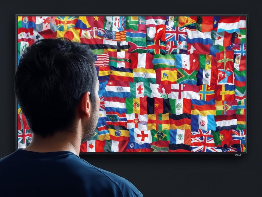 Surprised content creator pointing to multilingual subtitles overlay on world map, symbolizing AI subtitles and localization for global reach.