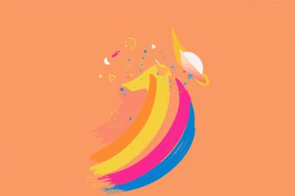 Designer pointing at glowing brand logo while brainwave graphics flow behind, illustrating Emotion-Driven Brand Design.