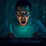 Marketer at computer reacting in concern as “AI Security Risks for Marketers” flashes on screen.