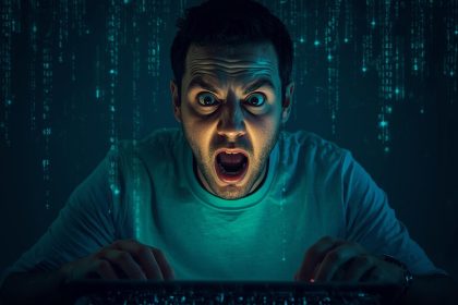 Marketer at computer reacting in concern as “AI Security Risks for Marketers” flashes on screen.