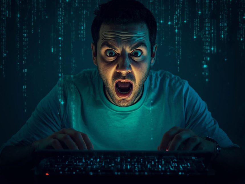 Marketer at computer reacting in concern as “AI Security Risks for Marketers” flashes on screen.