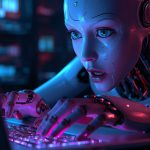 A focused digital marketer typing at a laptop with an expressive surprise face and the words “Human-ising AI”.